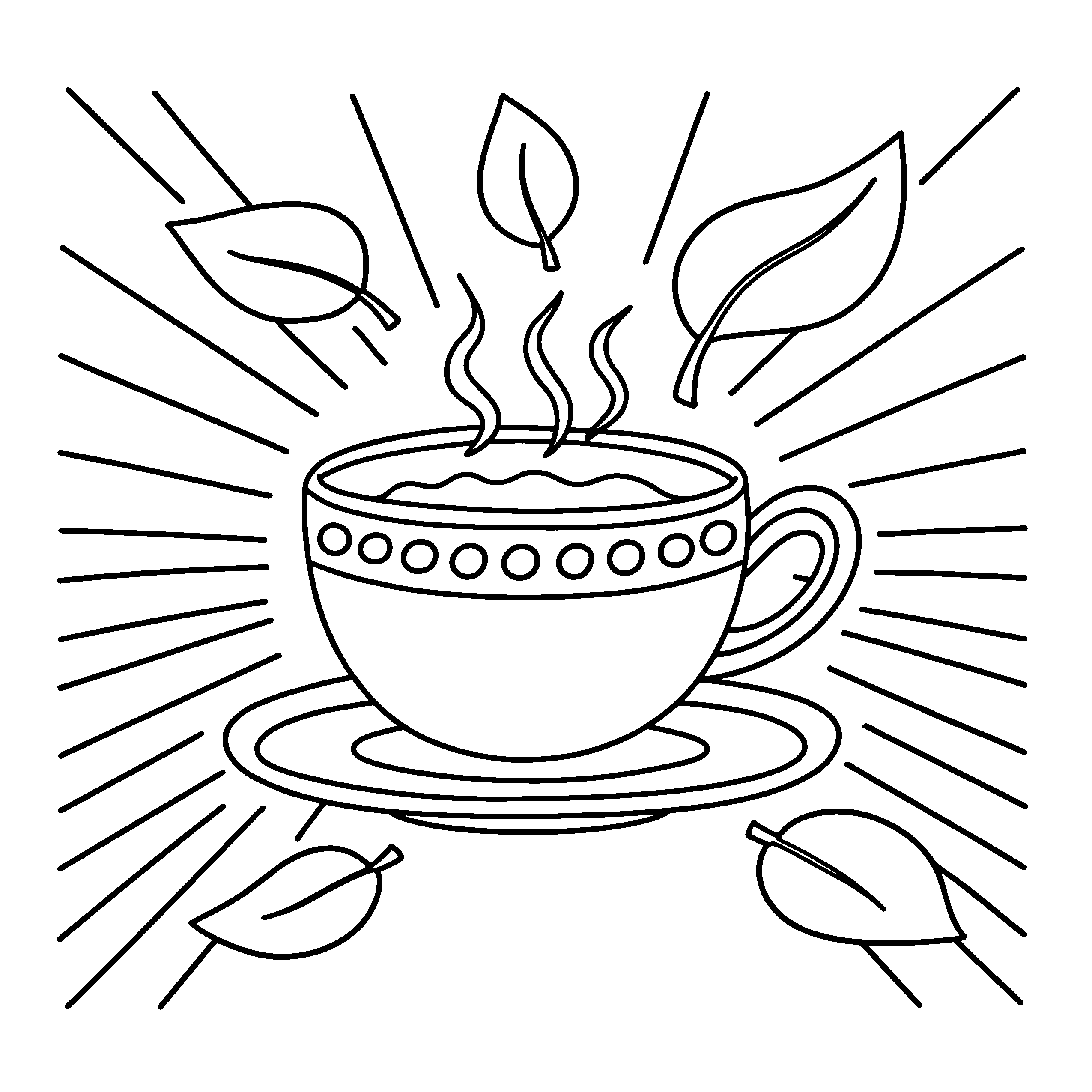 A steaming teacup surrounded by broad leaves, outlined in black for colouring.